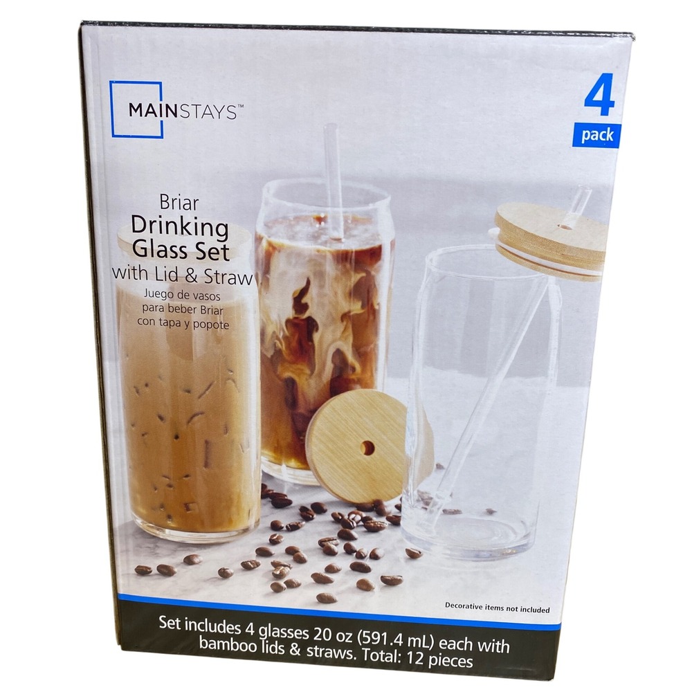 Mainstays Briar 20oz Drinking Glass Set with Bamboo Lids and Straws 4 Pack 12pc